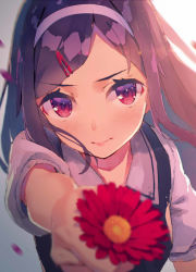 Rule 34 | 1girl, 3:, 3:&lt;, blurry, blush, brown hair, character request, chromatic aberration, depth of field, flower, hair ornament, hairband, hairclip, holding, holding flower, incoming gift, light smile, long hair, original, outstretched arm, petals, red eyes, school uniform, solo, v-shaped eyebrows, yasumo (kuusouorbital)