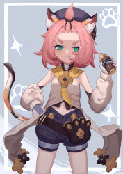 Rule 34 | 1girl, :3, absurdres, animal ear fluff, animal ears, aoaoaoao (baiyanheibing), blush, cat ears, cat tail, diona (genshin impact), eyelashes, fang, genshin impact, green eyes, hat, highres, holding, holding weapon, looking at viewer, midriff, navel, pink hair, shorts, tail, thick eyebrows, weapon