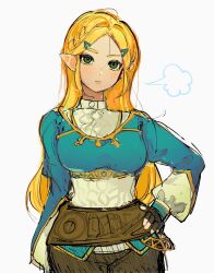 Rule 34 | 1girl, black gloves, blonde hair, blue tunic, blush, braid, breasts, brown pants, buttons, closed mouth, fingerless gloves, gloves, green eyes, hair ornament, hairpin, hand on own hip, highres, large breasts, long hair, long sleeves, looking afar, nintendo, pants, pointy ears, princess zelda, puffy long sleeves, puffy sleeves, shanodesu, shirt, sidelocks, simple background, solo, standing, the legend of zelda, the legend of zelda: breath of the wild, tunic, white background, white shirt