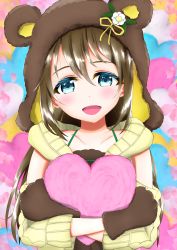 Rule 34 | 1girl, absurdres, animal ears, animal hands, aqua eyes, artist name, artist request, bare shoulders, blue eyes, blush, bow, breasts, brown bow, brown hair, brown jacket, brown shirt, brown sweater, collarbone, dress shirt, female focus, flower, gloves, hair between eyes, heart, heart (symbol), heart-shaped pillow, highres, holding, holding pillow, jacket, light brown jacket, light brown sweater, long hair, looking at viewer, love live!, love live! nijigasaki high school idol club, love live! school idol festival, love live! school idol festival all stars, osaka shizuku, parted lips, paw gloves, pillow, polka dot, polka dot bow, ponytail, ribbon, shirt, short sleeves, sleeveless, sleeveless sweater, smile, solo, sweater, upper body, white flower, yellow ribbon