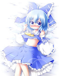 Rule 34 | 1girl, ahoge, alternate costume, bad id, bad pixiv id, bare shoulders, blue eyes, blue hair, blush, bow, cirno, colorized, cosplay, detached sleeves, hair bow, hakurei reimu, hakurei reimu (cosplay), highres, japanese clothes, lying, matching hair/eyes, midriff, miko, navel, on back, sarashi, short hair, skirt, solo, toor 0111, touhou