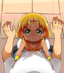 Rule 34 | 1boy, 1girl, backlighting, blonde hair, blue scarab, bracelet, claire (hihouden), earrings, flat chest, frown, gold, green eyes, headband, height difference, highres, hihouden, hug, jewelry, looking at viewer, pov, shirt, t-shirt, tan, tareme, white shirt