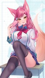 Rule 34 | 1girl, academy ahri, ahri (league of legends), animal ears, ass, black footwear, black thighhighs, blue skirt, bow, bowtie, breasts, desk, fox ears, fox girl, fox tail, hair ornament, hand up, heart, heart hair ornament, highres, holding, holding phone, large breasts, league of legends, long hair, miniskirt, momoirone, nail polish, official alternate costume, phone, pink hair, pleated skirt, poro (league of legends), red bow, red bowtie, school desk, shiny skin, shirt, shoes, sitting, skirt, smile, solo, tail, thighhighs, white shirt