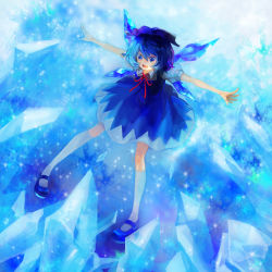Rule 34 | 1girl, bad id, bad pixiv id, blue hair, cirno, crystal, dress, embodiment of scarlet devil, female focus, full body, gradient background, highres, houji, ice, ribbon, short hair, solo, touhou, wings