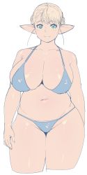 Rule 34 | 1girl, absurdres, bikini, blonde hair, blue bikini, blue eyes, blush, breasts, cleavage, collarbone, elf, elf-san wa yaserarenai., erufuda-san, hand on own hip, highres, huge breasts, large breasts, looking at viewer, pointy ears, raised eyebrows, short hair, skindentation, smile, solo, swimsuit, synecdoche, thick thighs, thighs, white background