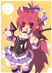 Rule 34 | 10s, 1girl, bare shoulders, blush, bow, cake, cleavage cutout, clothing cutout, dango mushi, demon wings, earrings, food, food on body, food on face, frills, hair bow, heart, heart earrings, horns, jewelry, long hair, looking at viewer, mahou shoujo madoka magica, mahou shoujo madoka magica (anime), open mouth, ponytail, red eyes, red hair, sakura kyoko, skirt, solo, striped clothes, striped thighhighs, thighhighs, very long hair, wings