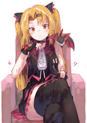 Rule 34 | 1girl, akatsuki uni, animal, animal on shoulder, armchair, bare shoulders, bat (animal), black dress, black gloves, black thighhighs, blonde hair, blush, bow, brown eyes, chair, closed mouth, commentary request, crossed legs, dress, feet out of frame, frilled dress, frills, gloves, hair ornament, hairclip, hand up, highres, lamb (hitsujiniku), long hair, on chair, parted bangs, partially fingerless gloves, red bow, simple background, sitting, sleeveless, sleeveless dress, smile, solo, thighhighs, two side up, uni create, very long hair, virtual youtuber, white background