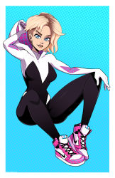 Rule 34 | 1girl, animification, arm up, blonde hair, blue eyes, bodysuit, gradient background, gwen stacy, halftone, halftone background, highres, hood, hood down, hooded bodysuit, knees up, looking at viewer, marvel, mike luckas, parted lips, pink footwear, shadow, shoes, short hair, solo, spider-gwen, spider-man: into the spider-verse, spider-man (series), spider-verse, undercut
