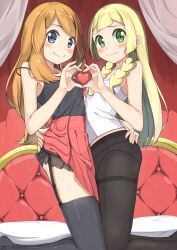 Rule 34 | 2girls, absurdres, bare arms, bare shoulders, belly-to-belly, blonde hair, closed mouth, commission, creatures (company), feet out of frame, female focus, frown, furrowed brow, game freak, green eyes, heart hands, heart in heart hands, highres, lillie (pokemon), looking at viewer, multiple girls, negimiso1989, nintendo, panties, pixiv commission, pokemon, pokemon sm, pokemon xy, serena (pokemon), smile, underwear