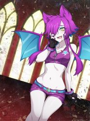 Rule 34 | 1girl, animal ears, bat ears, bat wings, belt, black gloves, blood, blood from mouth, blood on breasts, blue hair, blush, borrowed character, bracelet, breasts, chuunioniika, cleavage, commission, embarrassed, eyeshadow, facing viewer, fangs, fingerless gloves, gloves, hair over one eye, high collar, highres, jewelry, looking away, makeup, medium breasts, monster girl, multicolored hair, nail polish, navel, original, purple hair, purple nails, purple shorts, short hair, short hair with long locks, short shorts, shorts, solo, sports bra, stomach, thigh gap, two-tone hair, wings, yellow eyes, zipper