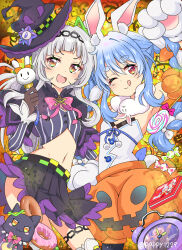 Rule 34 | 2girls, animal ear fluff, animal ears, animal hands, arched bangs, black gloves, black leotard, black skirt, blue hair, breasts, carrot hair ornament, chain, chain hairband, closed mouth, cropped shirt, don-chan (usada pekora), food-themed hair ornament, gloves, grey hair, grey shirt, hair bun, hair ornament, hand on own hip, hat, head chain, highres, hololive, jewelry, leotard, leotard under clothes, looking at viewer, masako (sabotage-mode), multicolored hair, multiple girls, murasaki shion, murasaki shion (1st costume), navel, one eye closed, open mouth, orange eyes, pumpkin skirt, purple headwear, rabbit-shaped pupils, rabbit ears, rabbit girl, rabbit tail, shiokko (murasaki shion), shirt, short eyebrows, sidelocks, single hair bun, skirt, small breasts, smile, striped clothes, striped shirt, symbol-shaped pupils, tail, tongue, tongue out, twintails, two-tone hair, usada pekora, usada pekora (1st costume), vertical-striped clothes, vertical-striped shirt, virtual youtuber, white hair, witch hat