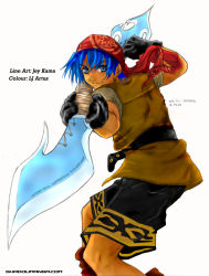 Rule 34 | 1boy, bandana, blue hair, chrono (series), chrono cross, double-blade, male focus, serge (chrono cross), solo, swallow sword