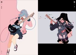 Rule 34 | 2girls, back, backpack, bag, black hair, black skirt, blue hair, bow, cable, commentary request, daisukerichard, electric guitar, flat color, green hair, guitar, holding, instrument, long hair, long sleeves, looking away, medium hair, multiple girls, music, original, plaid, plaid skirt, playing instrument, plectrum, shoes, simple background, skirt, sleeves past wrists, sneakers, socks, sweater, twintails, white legwear, wing collar