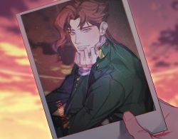 Rule 34 | 1boy, absurdres, commentary request, dated, did it, earrings, gakuran, green jacket, hand on own chin, highres, jacket, jewelry, jojo no kimyou na bouken, kakyoin noriaki, korean commentary, male focus, open mouth, photo (object), pov, pov hands, purple eyes, red hair, school uniform, smile, solo focus, sparkle, stardust crusaders, sunset, upper body