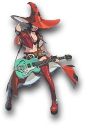 Rule 34 | 1girl, arc system works, belt, belt buckle, bespectacled, black choker, black hair, blue eyes, boots, breasts, buckle, choker, cleavage, cropped jacket, electric guitar, fingernails, full body, glasses, green-tinted eyewear, green-tinted glasses, grin, guilty gear, guilty gear strive, guitar, hat, hat over one eye, holding, holding instrument, i-no, instrument, jacket, large breasts, lips, lipstick, loose belt, makeup, mole, mole above mouth, navel, official art, one eye covered, partially unbuttoned, platform boots, platform footwear, red footwear, red hat, red jacket, red shorts, rimless eyewear, short hair, short shorts, shorts, showgirl skirt, smile, solo, standing, strap, sunglasses, thigh boots, thighhighs, tinted eyewear, transparent background, witch hat