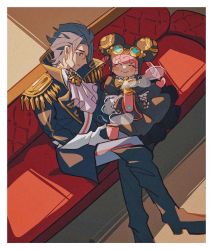 Rule 34 | 1boy, ace attorney, ascot, barok van zieks, black gloves, couch, gloves, goggles, goggles on head, grey hair, grgrton, highres, holding, iris wilson, pink hair, scar, scar on face, sitting, smile, tea, the great ace attorney, white ascot, white gloves