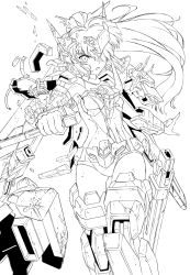 Rule 34 | 1girl, commentary request, gloves, greyscale, headgear, high ponytail, highres, holding, holding sword, holding weapon, kumichou (ef65-1118-ef81-95), lineart, long hair, looking at viewer, mecha musume, mechanical legs, monochrome, original, shattered, sheath, solo, sword, thighs, torn clothes, vambraces, weapon, white background
