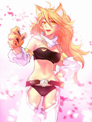 Rule 34 | 10s, 1girl, absurdres, akame ga kill!, animal ears, animal hands, bandeau, bare shoulders, belt, blonde hair, breasts, cherry blossoms, claws, cleavage, detached sleeves, female focus, highres, large breasts, leone (akame ga kill!), long hair, midriff, navel, open mouth, scarf, smile, solo, strapless, tube top, white background, yellow eyes