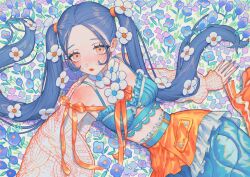 Rule 34 | 1girl, aburage (motimotigg20), belt, blue hair, blue nails, blue theme, blush, boots, cable knit, cardigan, clothing cutout, crop top, floral background, flower, flower necklace, from above, hair flower, hair ornament, high-waist skirt, high heel boots, high heels, highres, jewelry, lace trim, lips, long hair, looking at viewer, nail polish, necklace, off shoulder, orange eyes, original, parted bangs, reclining, ribbon, skirt, solo, spaghetti strap, twintails