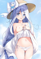 Rule 34 | 1girl, bikini, blue hair, blue sky, bow, breasts, brown headwear, cloud, collarbone, commentary request, date a live, day, eyes visible through hair, hair between eyes, hair bow, highres, long hair, looking at viewer, medium breasts, navel, nipples, side-tie bikini bottom, sky, solo, stomach, stuffed animal, stuffed toy, swimsuit, takamiya mio, teddy bear, touxing no diluka, very long hair, white bow