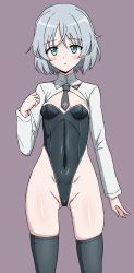 Rule 34 | 1girl, black leotard, black necktie, black thighhighs, blue eyes, blush, breasts, cleavage, covered erect nipples, covered navel, highleg, highres, leotard, looking at viewer, military, military uniform, muchabou, necktie, open mouth, purple background, sanya v. litvyak, short hair, simple background, small breasts, solo, standing, strike witches, thighhighs, uniform, white hair, world witches series