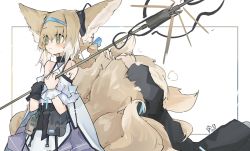 Rule 34 | 1boy, 1girl, animal ears, arknights, belt, belt pouch, black gloves, blush, braided hair rings, breasts, cloak, closed mouth, commentary, cowboy shot, doctor (arknights), dress, earpiece, fox ears, gloves, green eyes, hair between eyes, hair rings, hairband, highres, holding, holding staff, holding with tail, hugging another&#039;s tail, hugging tail, infection monitor (arknights), light brown hair, material growth, medium hair, mikozin, multicolored hair, multiple tails, oripathy lesion (arknights), pouch, prehensile tail, simple background, single glove, small breasts, staff, suzuran (arknights), sweat, sweatdrop, tail, two-tone hair, white background, white cloak, white dress, white hair, wrist cuffs
