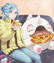Rule 34 | 1boy, aqua eyes, aqua hair, cetoddle, cheese, closed eyes, closed mouth, commentary request, couch, creatures (company), eating, eyelashes, food, game freak, grusha (pokemon), hand up, holding, holding food, indoors, jacket, long sleeves, looking down, male focus, min (myna8247), nintendo, pants, pepperoni, pizza, pokemon, pokemon (creature), pokemon sv, scarf, sitting, unworn scarf, yellow jacket