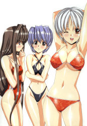 Rule 34 | 3girls, ;d, alpha (urushihara), arm behind head, armpits, arms up, bikini, black bikini, black hair, blue hair, blush, breast envy, breasts, breasts squeezed together, brown eyes, casual one-piece swimsuit, cleavage, covered erect nipples, covered navel, cowboy shot, criss-cross halter, cross-laced clothes, crossed arms, finger to mouth, from side, grin, groin, hair intakes, halterneck, hand on own chest, highleg, highleg swimsuit, highres, large breasts, long hair, looking at breasts, lowleg, lowleg bikini, multiple girls, one-piece swimsuit, one eye closed, open mouth, print bikini, profile, red bikini, red eyes, red one-piece swimsuit, scan, shiny skin, short hair, sideboob, sidelocks, simple background, skindentation, small breasts, smile, standing, swimsuit, underboob, urushihara satoshi, very long hair, white background, white hair, wink