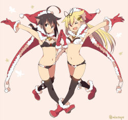 Rule 34 | 10s, 2girls, ;d, ahoge, arm up, armpits, bell, black bra, black hair, black legwear, black panties, blonde hair, blush, boots, bow, bow panties, bra, braid, breasts, cape, chig (mizusaki), cleavage, full body, fur trim, gloves, hair flaps, hair ornament, hairclip, hat, kantai collection, leaf hair ornament, multiple girls, navel, one eye closed, open mouth, panties, red eyes, red gloves, santa hat, shigure (kancolle), simple background, single braid, sketch, small breasts, smile, thighhighs, underwear, underwear only, white bra, white panties, yuudachi (kancolle)