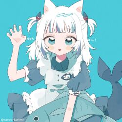 Rule 34 | 1girl, animal, animal ears, blue background, blue eyes, blue hair, blue nails, blunt bangs, cat ears, claw pose, fins, fish, fish tail, gawr gura, hair ornament, highres, holding, holding animal, holding fish, hololive, hololive english, looking at viewer, maid, medium hair, multicolored hair, nail polish, open mouth, shark girl, shark hair ornament, shark tail, sidelocks, solo, streaked hair, tail, two side up, user suys3548, virtual youtuber
