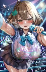 1girl :d anis_(nikke) blush breasts brown_eyes brown_hair commentary earpiece goddess_of_victory:_nikke hair_ornament highres himonoata holding holding_microphone large_breasts looking_at_viewer medium_hair microphone open_mouth pleated_skirt skirt smile solo sweat teeth