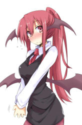 Rule 34 | 1girl, alternate hairstyle, bat wings, blush, breasts, chata maru (irori sabou), head wings, highres, koakuma, long hair, looking at viewer, low wings, pantyhose, ponytail, red eyes, red hair, red pantyhose, simple background, solo, touhou, v arms, white background, wings
