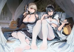 Rule 34 | &gt; &lt;, 2girls, = =, ahoge, aochoku, arm garter, azur lane, bed, between breasts, black dress, black hair, black skirt, blurry, blurry background, bow, bowtie, breasts, brown hair, cake, cake slice, canopy bed, cleavage, closed mouth, clothing cutout, commentary, commentary request, curtains, detached collar, dress, earrings, feet, food, fork, formidable (azur lane), full body, green eyes, highres, holding, holding cake, holding food, holding fork, indomitable (azur lane), indomitable (ms. motivationless maid) (azur lane), indoors, jewelry, knees up, large breasts, legs, long hair, long sleeves, looking at another, looking at viewer, maid headdress, manjuu (azur lane), multiple girls, necktie, necktie between breasts, no shoes, official alternate costume, on bed, open mouth, pantyhose, pillow, plate, red eyes, revealing clothes, shadow, shoulder cutout, sidelocks, sitting, skirt, symbol-only commentary, thighhighs, thighs, toes, twintails, underboob, very long hair, white pantyhose, white thighhighs, yokozuwari