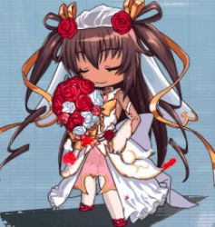 Rule 34 | 1girl, animated, animated gif, bare shoulders, blush, breasts, bridal gauntlets, bridal veil, chibi, dark-skinned female, dark skin, dress, female focus, flower, full body, gloves, happy, leotard, lilith-soft, long hair, looking away, lowres, mizuki yukikaze, one eye closed, open mouth, petals, simple background, small breasts, smile, solo, taimanin (series), taimanin rpgx, taimanin yukikaze, twintails, veil, very long hair, wedding dress, wink