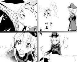 Rule 34 | ..., 10s, 1boy, 3girls, 4koma, admiral (kancolle), amatsukaze (kancolle), anchor hair ornament, chasing, comic, dress, giving up the ghost, gloves, greyscale, hair ornament, hat, highres, kantai collection, max melon, military, military hat, military uniform, monochrome, multiple girls, naval uniform, object on head, panties, panties on head, peaked cap, polka dot, polka dot panties, prinz eugen (kancolle), sailor collar, sailor dress, shimakaze (kancolle), spoken ellipsis, translation request, underwear, uniform