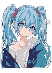 Rule 34 | 1girl, 3774., blue eyes, blue hair, commentary, cropped torso, hatsune miku, highres, jacket, long hair, looking at viewer, off-shoulder shirt, off shoulder, shirt, simple background, single bare shoulder, solo, twintails, upper body, vocaloid, white background, white shirt
