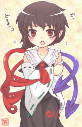 Rule 34 | 1girl, ascot, asymmetrical wings, bare shoulders, black hair, blush, cosplay, detached sleeves, fang, flying sweatdrops, hakurei reimu (cosplay), highres, houjuu nue, pointy ears, red eyes, short hair, solo, toto (hitori othello), touhou, wings
