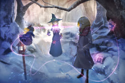 Rule 34 | 2girls, :o, album cover, alice margatroid, alternate costume, apron, bare tree, black footwear, black headwear, blonde hair, blue eyes, blue jacket, blue skirt, blush, boots, bow, braid, buttons, capelet, coat, commentary, cover, gesoking, glowing, green bow, grey coat, hair bow, hands in pockets, hat, hat bow, highres, jacket, kirisame marisa, lantern, long skirt, looking at another, multiple girls, no headwear, no headwear, open mouth, red bow, red scarf, scarf, shanghai doll, short hair, single braid, skirt, snow, snowing, string, touhou, tree, waist apron, white apron, white capelet, winter, witch hat, wooden lantern