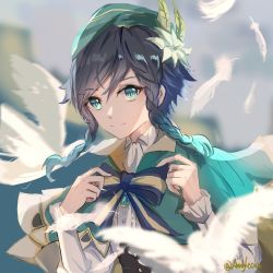 Rule 34 | 1boy, androgynous, andylecia, beret, black hair, blue hair, blurry, blurry background, bow, braid, brooch, cape, closed eyes, closed mouth, collared cape, collared shirt, commentary request, corset, falling feathers, feathers, flower, frilled sleeves, frills, gem, genshin impact, gradient hair, green cape, green eyes, green hat, hair flower, hair ornament, hat, highres, jewelry, leaf, long sleeves, looking at viewer, male focus, multicolored hair, shirt, short hair with long locks, side braids, sidelocks, smile, solo, twin braids, twitter username, venti (genshin impact), white flower, white shirt