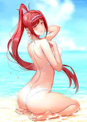 Rule 34 | 1girl, arm behind head, ass, back, barefoot, beach, bikini, blue sky, blurry, blurry background, blush, breasts, cloud, commentary, commentary request, feet, glimmer (xenoblade), hand on own chest, highres, large breasts, legs, long hair, outdoors, parted lips, partial commentary, partially submerged, ponytail, red eyes, red hair, shiro font, shoulder blades, sideboob, sitting, sky, soles, solo, string bikini, swimsuit, toes, untied bikini, very long hair, wardrobe malfunction, wariza, white bikini, xenoblade chronicles (series), xenoblade chronicles 3, xenoblade chronicles 3: future redeemed