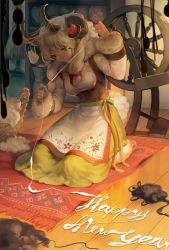 Rule 34 | 1girl, apron, aruk, basket, chinese zodiac, corset, floor, full body, fur trim, green eyes, happy new year, horns, kneeling, new year, original, sheep horns, solo, spinning wheel, traditional clothes, underbust, white hair, wooden floor, wool, yarn, yarn ball, year of the goat