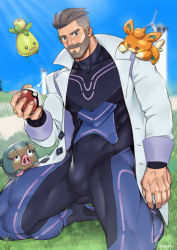 Rule 34 | 1boy, absurdres, bara, beard, black bodysuit, bodysuit, bulge, closed mouth, coat, creatures (company), facial hair, game freak, highres, holding, holding poke ball, kneeling, lab coat, large pectorals, lechonk, looking at viewer, male focus, multicolored bodysuit, multicolored clothes, muscular, muscular male, nintendo, open clothes, open coat, outdoors, pawmi, pectorals, pink bodysuit, poke ball, pokemon, pokemon (creature), pokemon sv, purple bodysuit, short hair, sky, smoliv, suyohara, turo (pokemon), undercut