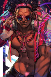 Rule 34 | 1boy, abs, afro, black hair, chain necklace, dark-skinned male, dark skin, dee jay, fingerless gloves, gloves, headphones, headphones around neck, hungry clicker, jewelry, looking at viewer, male focus, medallion, muscular, muscular male, necklace, no eyebrows, open clothes, open shirt, solo, street fighter, street fighter 6, sunglasses, very dark skin, white gloves, wireless