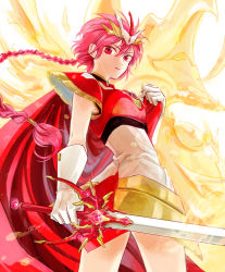 Rule 34 | 1girl, absurdres, armor, black gloves, braid, braided ponytail, cowboy shot, floating hair, gem, gloves, hair between eyes, headpiece, highres, holding, holding sword, holding weapon, long hair, looking at viewer, magic knight rayearth, open mouth, ponytail, red eyes, red gemstone, red hair, shidou hikaru, shoulder armor, solo, sparkle, standing, sword, very long hair, wata miya (shiro momen), weapon