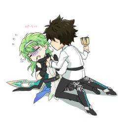 Rule 34 | 2boys, black hair, chalice, cup, david (fate), david (fate/apocrypha), drooling, fate/grand order, fate (series), flying sweatdrops, fujimaru ritsuka (male), green hair, long hair, lowres, multiple boys, quanna, simple background, uniform, white background