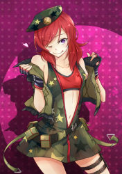 10s 1girl ;q bad_id bad_pixiv_id belt beret camouflage eris.y_(7hai) female_focus fingerless_gloves gloves hat heart highres love_live! love_live!_school_idol_festival love_live!_school_idol_project midriff navel nishikino_maki one_eye_closed purple_eyes red_hair solo sports_bra star_(symbol) star_print tongue tongue_out