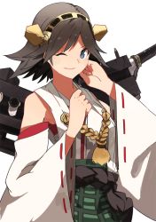 Rule 34 | 10s, 1girl, arm up, bare shoulders, blue eyes, brown hair, detached sleeves, hairband, headgear, hiei (kancolle), japanese clothes, kantai collection, looking at viewer, personification, plaid, sarashi, short hair, siirakannu, skirt, smile, solo, wink