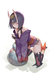 Rule 34 | 1girl, alcohol, ankle ribbon, anklet, armor, ass, barefoot, barefoot sandals (jewelry), blue gemstone, blunt bangs, breasts, breasts apart, choker, choko (cup), closed mouth, cup, detached sleeves, eyebrows, eyeshadow, fang, fate/grand order, fate (series), full body, gem, gourd, headpiece, highres, holding, horns, japanese clothes, jewelry, kimono, kneeling, leg ribbon, long sleeves, looking at viewer, makeup, mascara, obi, off shoulder, oni, pink lips, purple eyes, purple hair, revealing clothes, ribbon, sake, sash, short hair, shuten douji (fate), simple background, skin-covered horns, small breasts, smile, solo, thick eyebrows, timbougami, wide sleeves