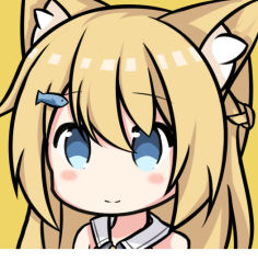 Rule 34 | animal ear fluff, animal ears, bare shoulders, blonde hair, blue eyes, blush, braid, cat ears, closed mouth, copyright request, fish hair ornament, hair between eyes, hair ornament, long hair, nagato-chan, portrait, sailor collar, simple background, smile, solo, virtual youtuber, white sailor collar, yellow background