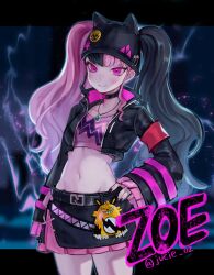 Rule 34 | 1girl, animal ears, armband, artist name, beanie, black choker, black hair, black hat, black jacket, black nails, black skirt, cat ears, character name, choker, crop top, cropped jacket, flat chest, grizzbolt, hand on own hip, hat, highres, jacket, jewelry, jucie oz (user tntm4757), long hair, looking at viewer, miniskirt, multicolored hair, navel, necklace, open clothes, open jacket, palworld, pink eyes, pink hair, pink shirt, red armband, shirt, skirt, solo, twintails, two-tone hair, zoe rayne